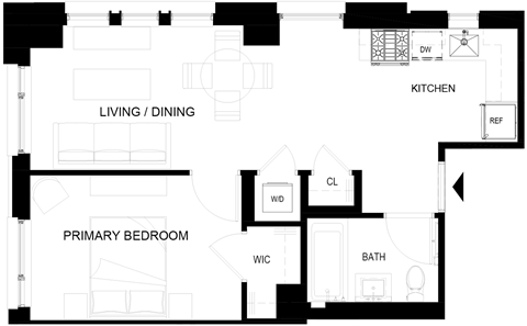 Floor plan for 1 bed, 1 bath, 528 sqft